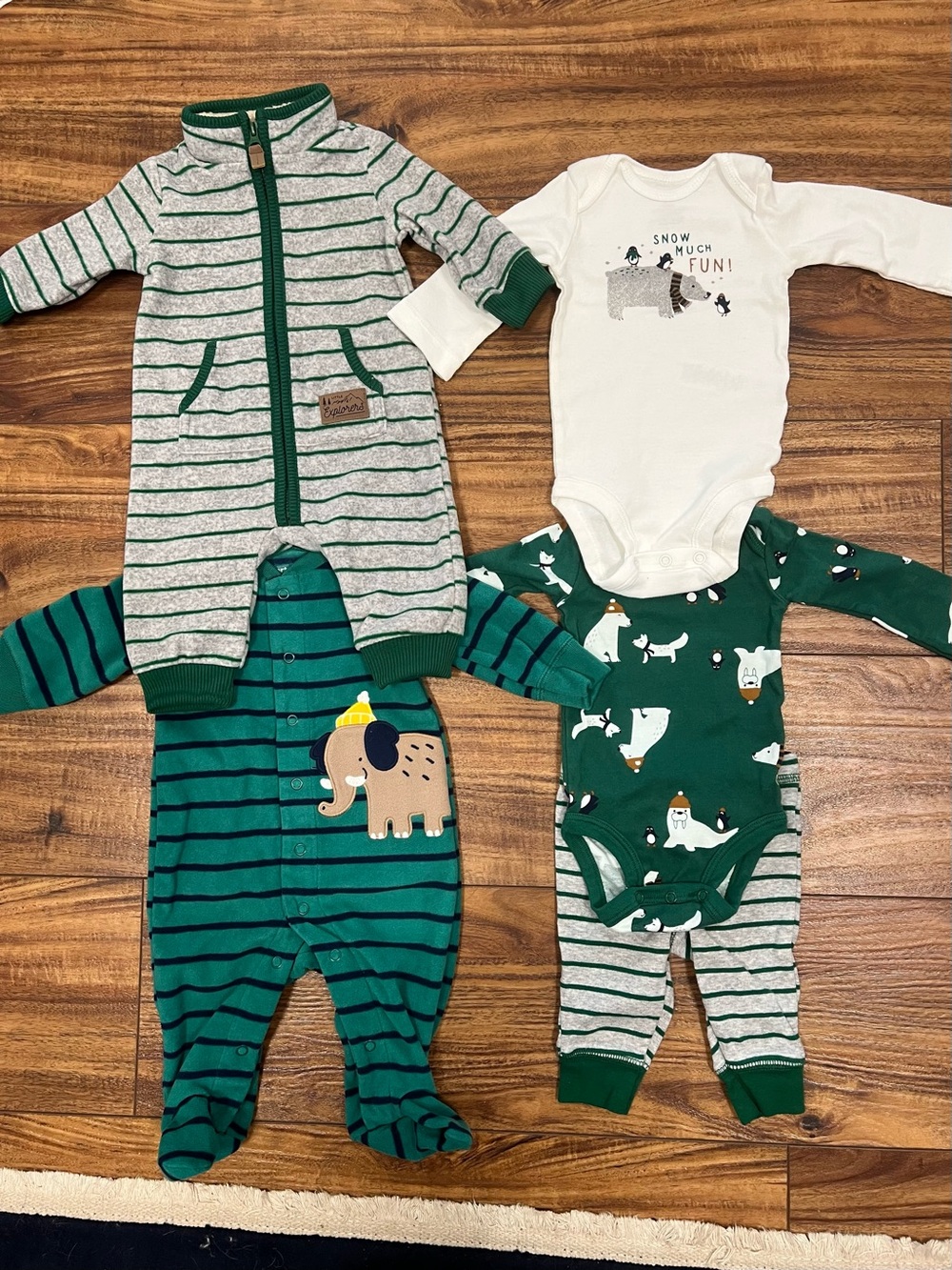 Carter’s 3M Onesie/Pant, Pjs, Outfit Bundle (5) - Winter, Green, White, Striped